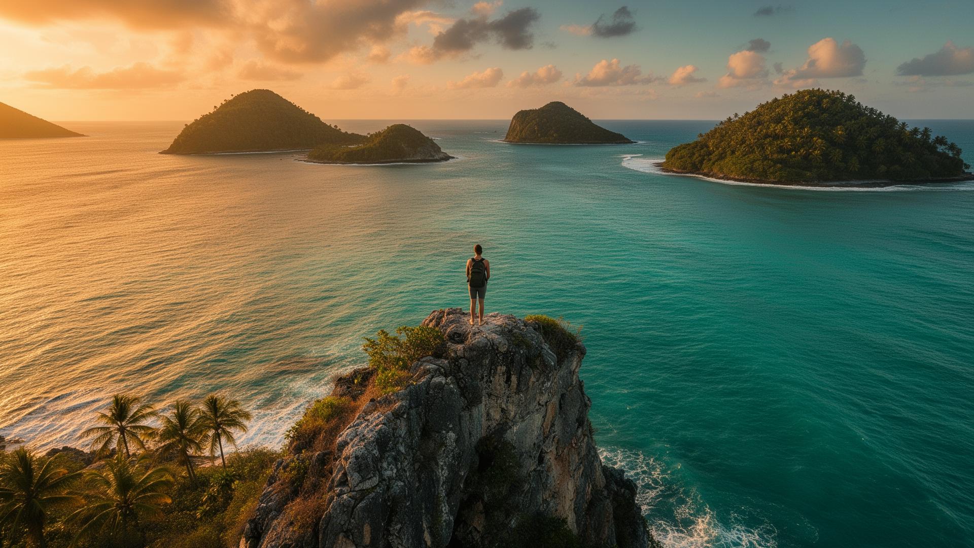 Traveler standing on a cliff overlooking turquoise tropical islands at sunset