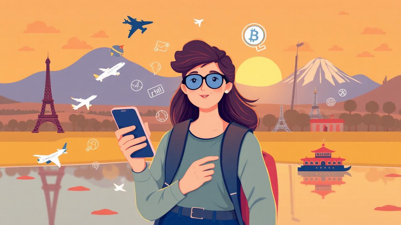 Illustrated traveler holding a smartphone with an AI chatbot, surrounded by floating travel icons and world landmarks at sunset