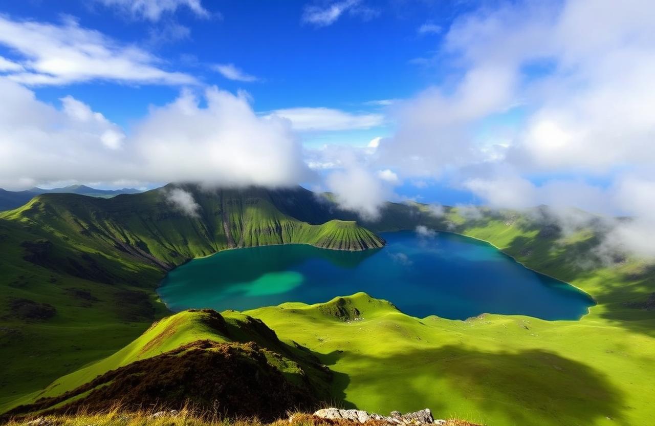 Sete Cidades twin crater lakes on São Miguel island in the Azores under dramatic clouds