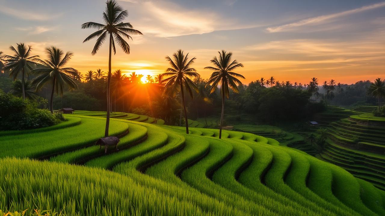 Bali rice terraces at sunrise framed by tall palm trees
