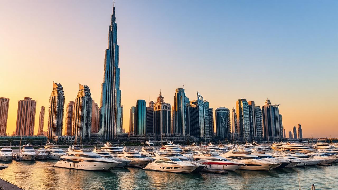 Dubai skyline at golden hour with the Burj Khalifa above a luxury yacht marina
