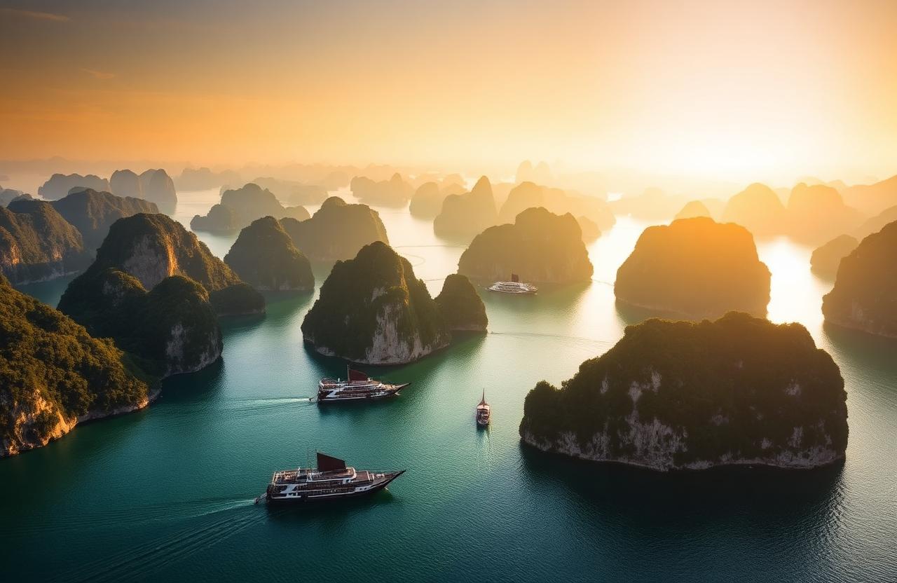 Aerial view of Ha Long Bay limestone karsts at golden hour with traditional junk boats