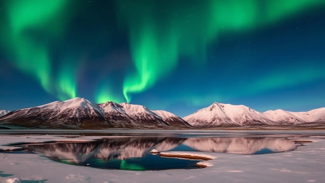 Green aurora borealis dancing over snow-covered Icelandic mountains reflected in a lake