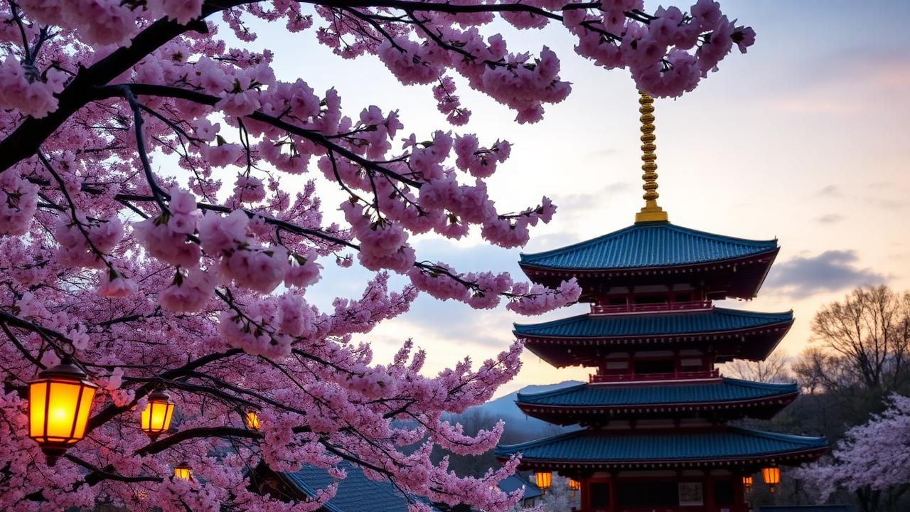 Pink cherry blossoms framing a red Kyoto pagoda at dusk with glowing lanterns