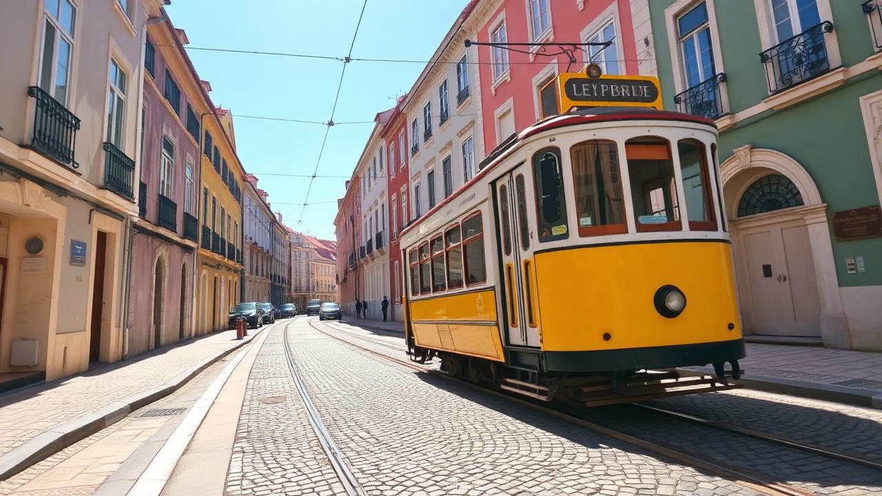 Iconic yellow tram 28 climbing a cobblestone street between pastel-colored Lisbon buildings
