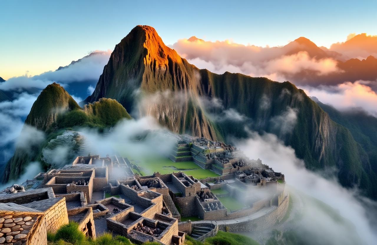 Sunrise breaking over Machu Picchu with mist rolling between Inca terraces and Huayna Picchu peak