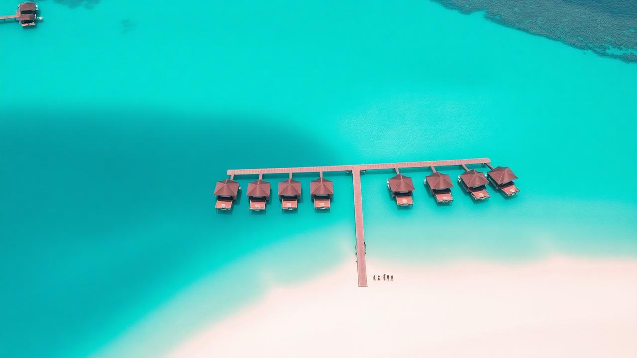 Aerial view of overwater bungalows on a turquoise Maldives lagoon with white sand