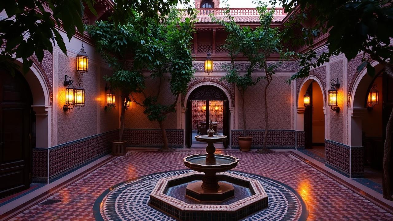 Marrakech riad courtyard with intricate Moroccan tilework, lanterns and a fountain