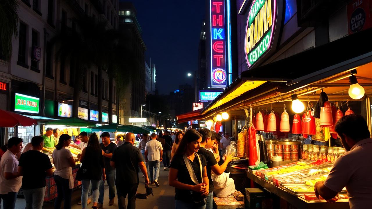 Vibrant Mexico City night market with colorful taco stands under string lights