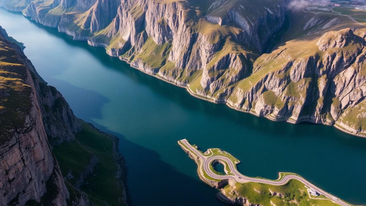 Aerial view of a Norwegian fjord with dramatic cliffs and a winding road