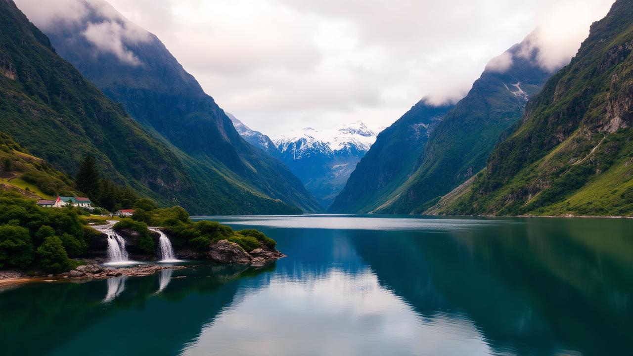 Calm fjord in New Zealand's South Island with snow-capped mountains and waterfalls