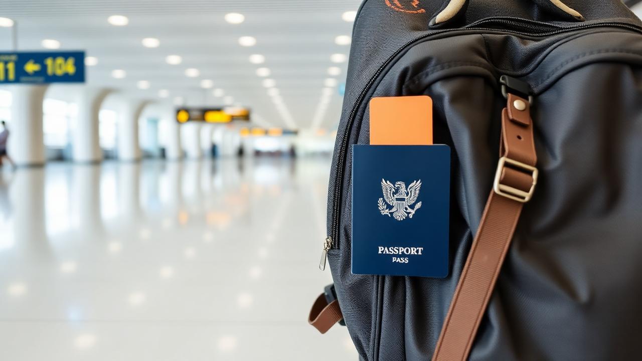 Travel backpack with passport and boarding pass at an airport gate