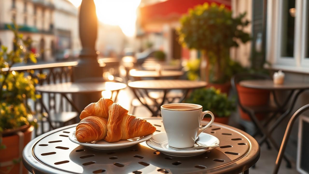 Sunlit Paris café terrace with espresso and fresh croissants on a small table