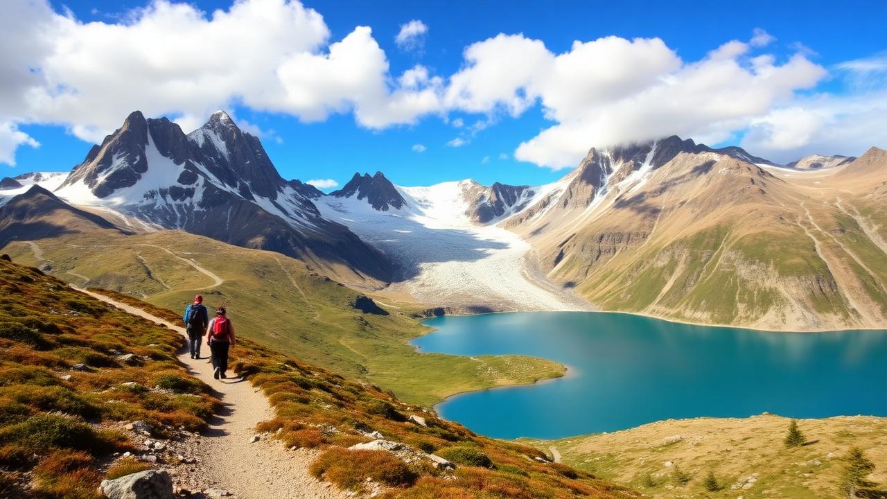 Two hikers walking a Patagonia trail beside a turquoise glacial lake and snowy peaks