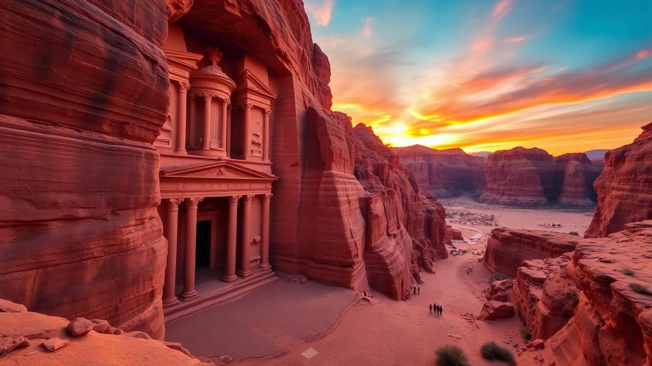 Petra Treasury façade carved into red sandstone cliffs at sunrise