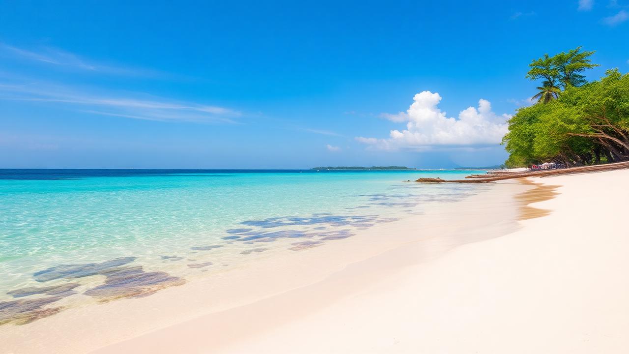 Tropical white sand beach with crystal-clear turquoise water on Phu Quoc island