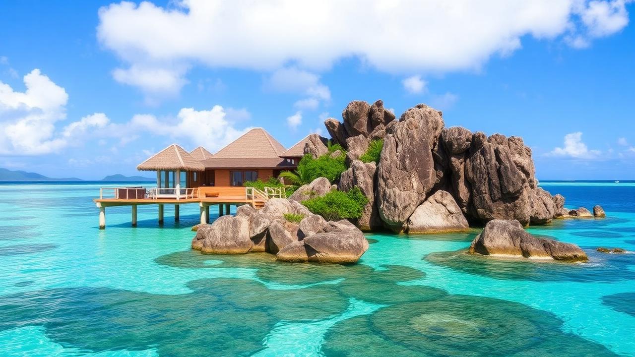 Seychelles overwater villa beside dramatic granite boulders in a turquoise lagoon