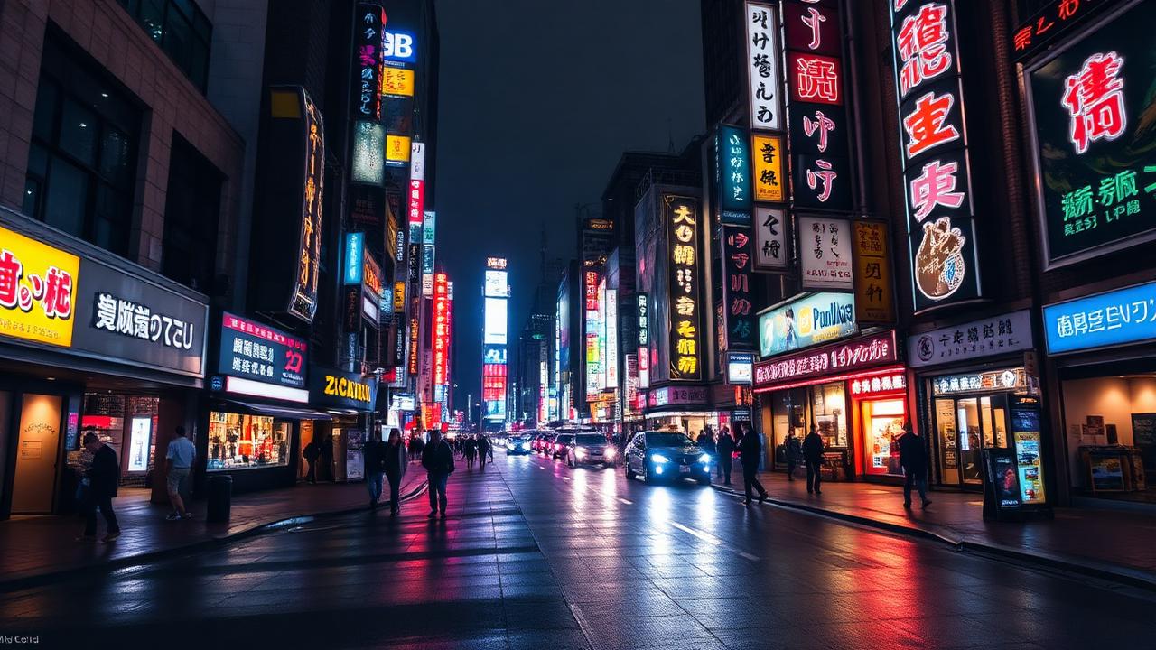 Neon-lit Tokyo street at night with reflective wet pavement and skyscrapers